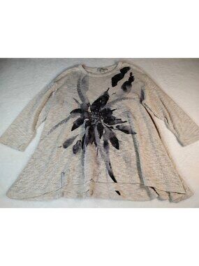 Jess & Jane Asymmetric Tunic Sweater Floral Lightweight Art‎ to Wear Size M Gray